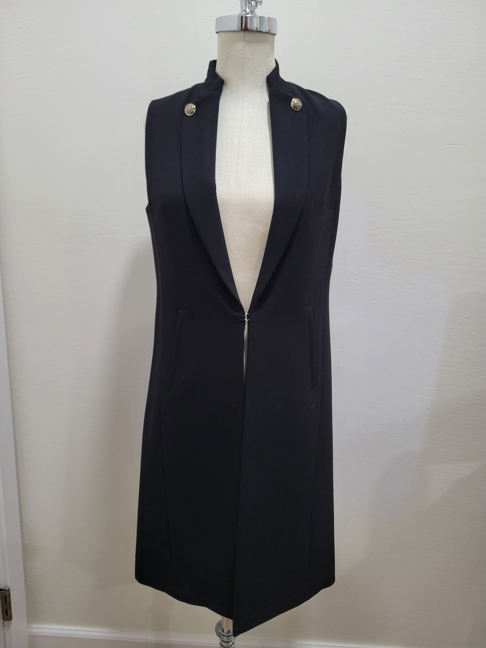Black Sleeveless Long Vest with Gold Buttons - Size XS